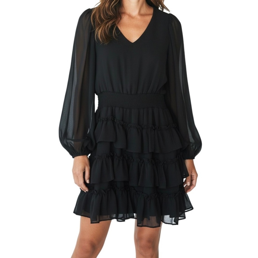 MSK Women Black Tiered Mini Dress V-Neck Smocked Waist Balloon Sleeve XS NEW